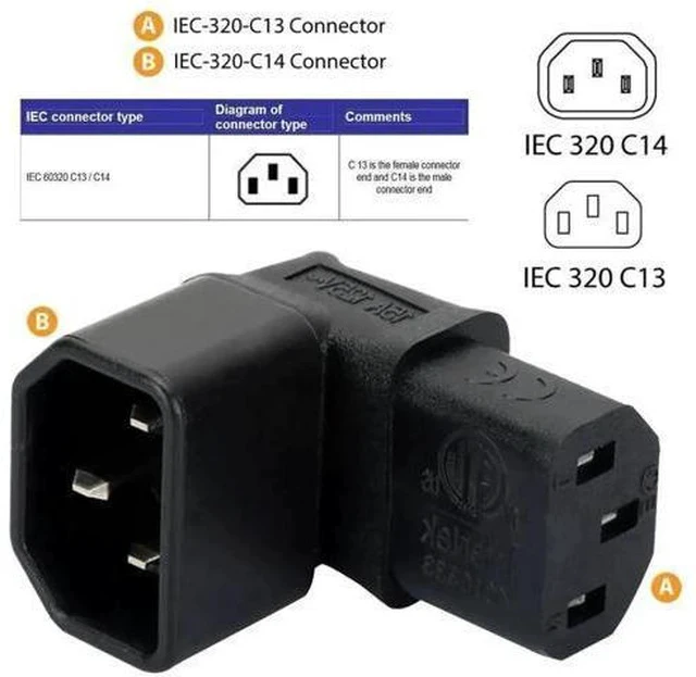 Alt view image 6 of 7 - 90-Degree Up Angled IEC320 C14 Male to C13 Female Power Adapter, 10A 250V Right Angle Turning Connector for PC, Monitor, PDU, Printer