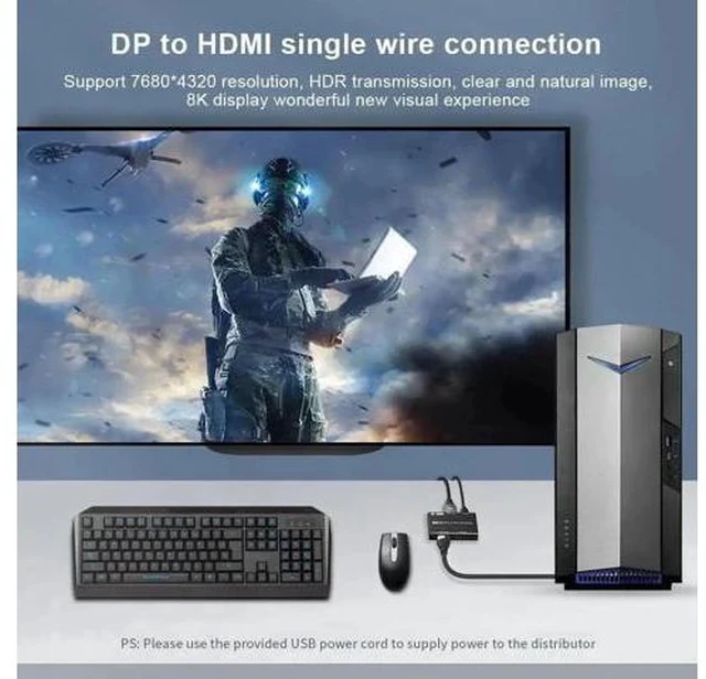 Alt view image 7 of 7 - DP 1.4 1 In 2 Out Splitter Hub DP to DP+HDMI Mixed Output 8K@30Hz 4K@120Hz MST SST HDR RGB4:4:4 Ultra HD Video Splitter Adapter