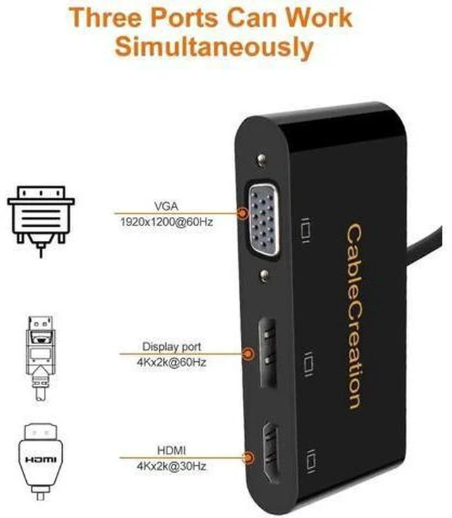 Alt view image 2 of 5 - 3 in 1 MST USB-C Multiport Video Adapter, Type-C to HDMI VGA DisplayPort Converter, Triple Multi-Screen Display, Black Dock Compatible with MacBook Pro 2020, iPad Pro 2018, Dell XPS, HP Spectre x360,