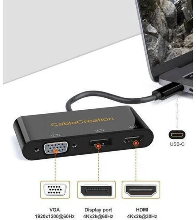 Alt view image 5 of 5 - 3 in 1 MST USB-C Multiport Video Adapter, Type-C to HDMI VGA DisplayPort Converter, Triple Multi-Screen Display, Black Dock Compatible with MacBook Pro 2020, iPad Pro 2018, Dell XPS, HP Spectre x360,