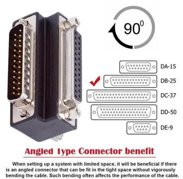 Alt view image 2 of 7 - 90 Degree Down Angled DB25 D-Sub Adapter, Male Nut to Female Screw Extension Connector, Compatible with Parallel LPT & AES/EBU Digital Audio Devices