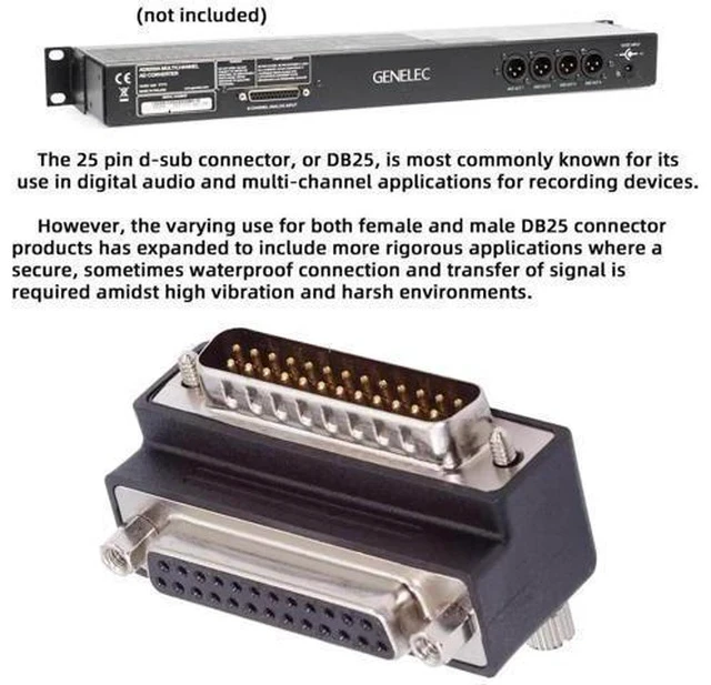 Alt view image 6 of 7 - 90 Degree Down Angled DB25 D-Sub Adapter, Male Nut to Female Screw Extension Connector, Compatible with Parallel LPT & AES/EBU Digital Audio Devices