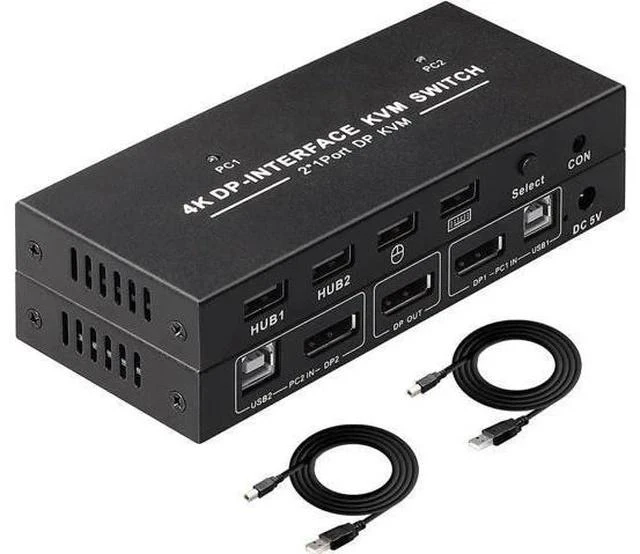Main image of 2-Port DP 1.2 KVM Switch 2 In 1 Out, 4K@60Hz, 4 USB2.0 Ports, Includes Two 1.5m/5ft KVM Cables for 2 PCs Sharing One Monitor, Keyboard & Mouse