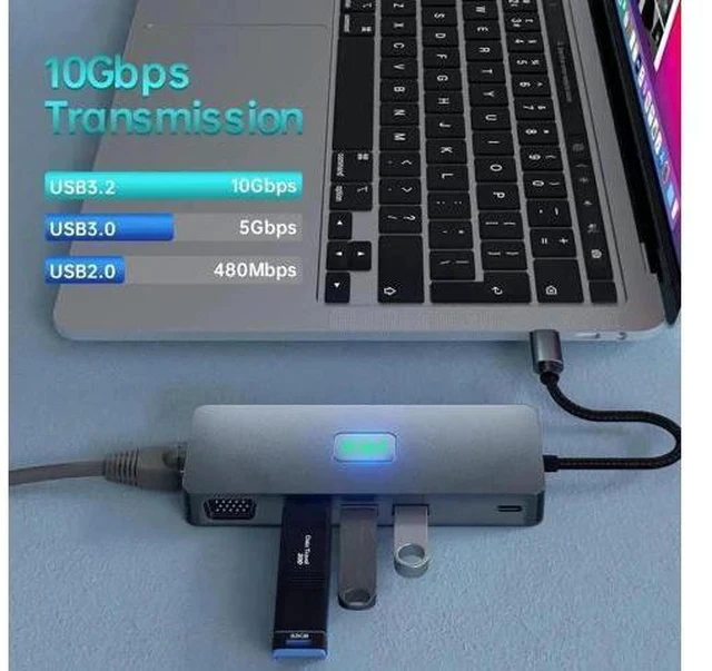 Alt view image 7 of 7 - 11-in-1 USB-C Docking Station, Triple Display Hub with 4K@60Hz HDMI, 1080P VGA, DisplayPort, 3×10Gbps USB3.2 Gen2, Gigabit Ethernet, 100W PD Charging, SD TF Card Reader for Laptop Phone Surface Tablet