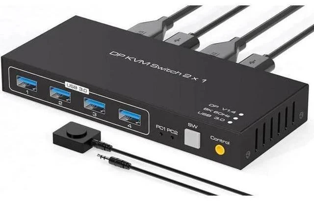 Main image of 2 Port DisplayPort 1.4 USB 3.0 KVM Switch, 8K@60Hz 4K@120Hz 4K@144Hz KVM Switcher with 4 5Gbps USB Ports, FreeSync G-SYNC HDR, Wired Remote Included