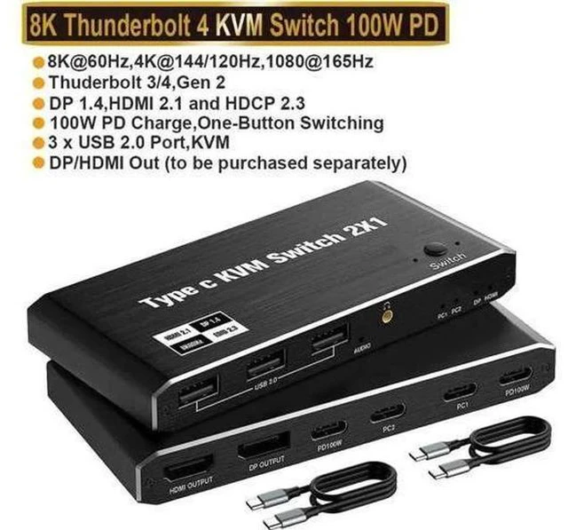 Main image of 2x1 USB-C KVM Switch 8K@60Hz 4K@120Hz, Type-C to HDMI/DP KVM Switcher with 100W PD, 3 USB Ports for 2 Laptops Share 1 Monitor, 2 USB-C Cables Included