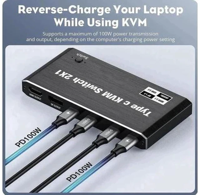 Alt view image 3 of 7 - 2x1 USB-C KVM Switch 8K@60Hz 4K@120Hz, Type-C to HDMI/DP KVM Switcher with 100W PD, 3 USB Ports for 2 Laptops Share 1 Monitor, 2 USB-C Cables Included
