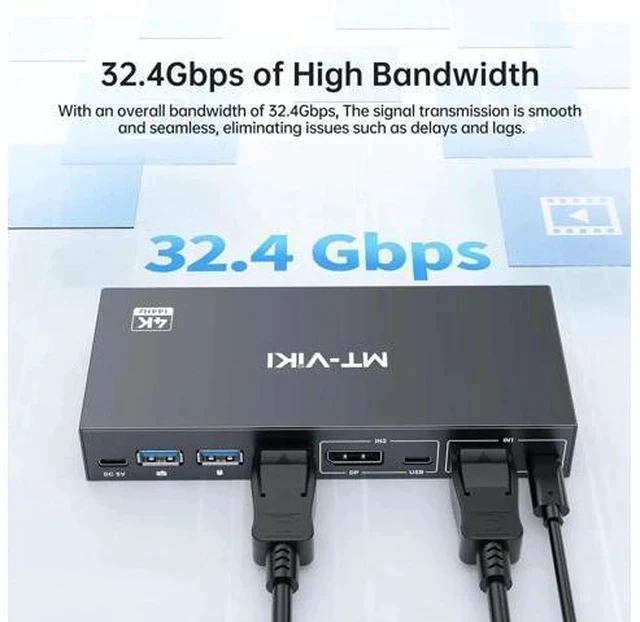 Alt view image 2 of 6 - MT-VIKI 2 Port DP 1.4 KVM Switch 8K@60Hz 4K@144Hz, 4 USB 3.0 Ports for 2 PCs Share 1 Monitor Keyboard Mouse, 2 USB A to C Cables Included