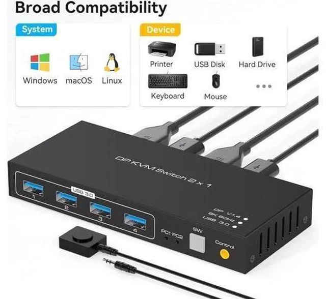 Alt view image 4 of 7 - 2 Port DP 1.4 KVM Switch 8K@60Hz, 4-Port USB 3.0 Hub, Wired Controller for 2 DP Devices Share One Set of Monitor & USB Peripherals