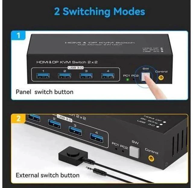 Alt view image 6 of 7 - 2-Port 8K HDMI+DP Dual Monitor KVM Switch, 8K@60Hz, 4 USB3.0 Hub, Desktop Controller & USB/HDMI Cables Included