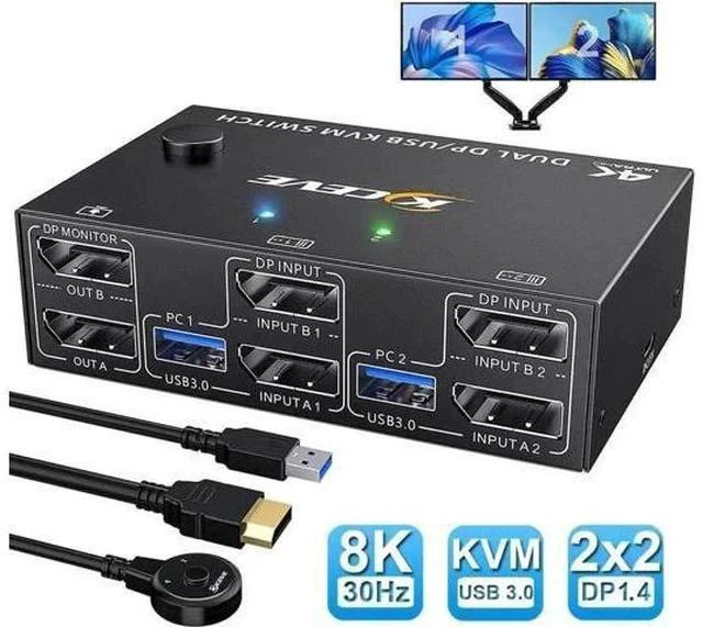 Main image of 8K DP 1.4 Dual Monitor USB 3.0 KVM Switch 2×2, 8K@30Hz / 4K@144Hz, 4 USB3.0 Ports, Wired Remote & 4 Connection Cables Included for 2 PCs