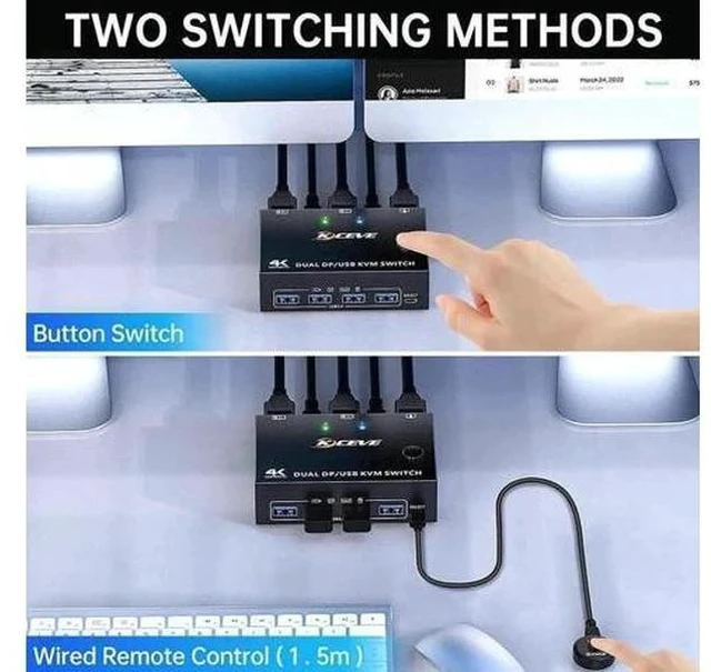 Alt view image 7 of 7 - 8K DP 1.4 Dual Monitor USB 3.0 KVM Switch 2×2, 8K@30Hz / 4K@144Hz, 4 USB3.0 Ports, Wired Remote & 4 Connection Cables Included for 2 PCs