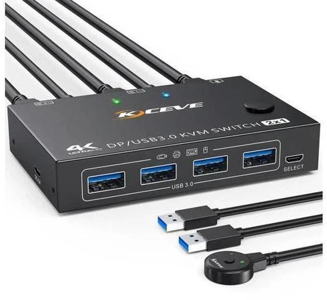 Main image of 2 Port DisplayPort KVM Switch, USB 3.0 4K@144Hz KVM Switcher for 2 PCs Share 1 Monitor & 4 USB Devices, Wired Remote Included