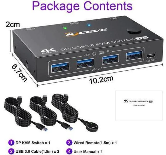 Alt view image 6 of 7 - 2 Port DisplayPort KVM Switch, USB 3.0 4K@144Hz KVM Switcher for 2 PCs Share 1 Monitor & 4 USB Devices, Wired Remote Included