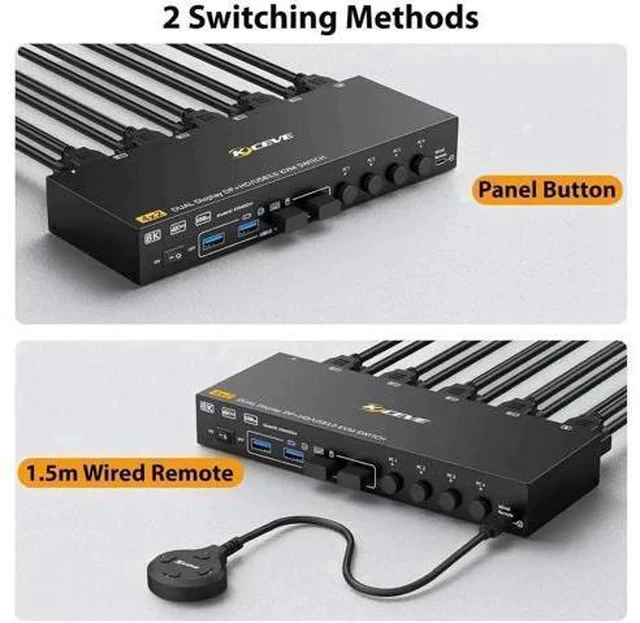 Alt view image 3 of 7 - 4-Port HDMI+DP Dual Monitor KVM Switch, 8K@60Hz 4K@144Hz, USB3.0, Wired Remote Included