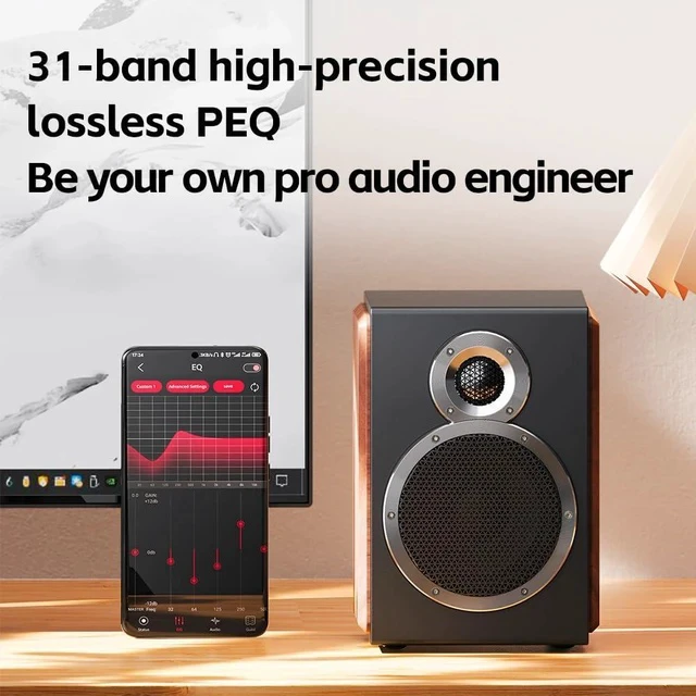 Alt view image 4 of 7 - SA1 High-Fidelity Desktop Speaker. 31-Band PEQ, LDAC Bluetooth,20W2+5W2 Output, Phono Preamp, Wood Fiber Woofer, Aluminum-Magnesium Tweeter (White)
