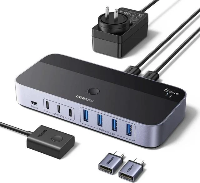 Main image of UGREEN 2-in 7-Out USB 3.0 Switch, USB Switcher for 2 Computers Sharing USB A & C Devices (4USB-A + 3USB-C), USB Switches Sharing Keyboard and Mouse with Controller, USB-C Male Adapter, Power Adapter
