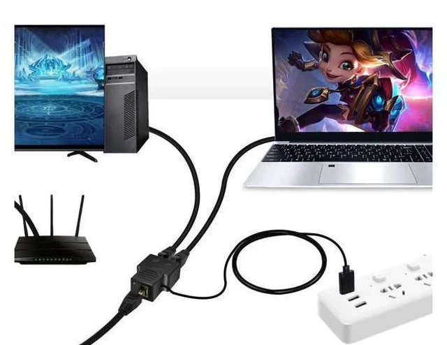 Alt view image 5 of 7 - 1 to 2 Port RJ45 Ethernet Splitter Adapter, 1 Female to 2 Female LAN Cable Splitter, Allow 2 Devices to Access Network Simultaneously, Compatible with Cat5 Cat5e Cat6 Ethernet Cables