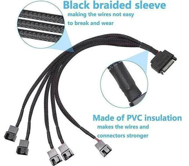 Alt view image 2 of 4 - SATA to 3 Pin 4 Pin Fan Sleeved Power Splitter Cable Adapter,15Pin SATA to 5 x TX3 / TX4 (PWM) 12V PC Case Fan Cooler Y Splitter Power Extension Cord - 10 Inch,Black