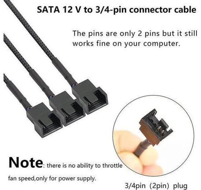 Alt view image 3 of 5 - SATA to 3 Pin 4 Pin Fan Sleeved Power Splitter Cable Adapter,15Pin SATA to 3 x TX3 / TX4 (PWM) 12V PC Case Fan Cooler Y Splitter Power Extension Cord - 10 Inch,Black