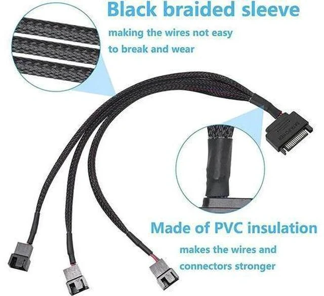 Alt view image 4 of 5 - SATA to 3 Pin 4 Pin Fan Sleeved Power Splitter Cable Adapter,15Pin SATA to 3 x TX3 / TX4 (PWM) 12V PC Case Fan Cooler Y Splitter Power Extension Cord - 10 Inch,Black