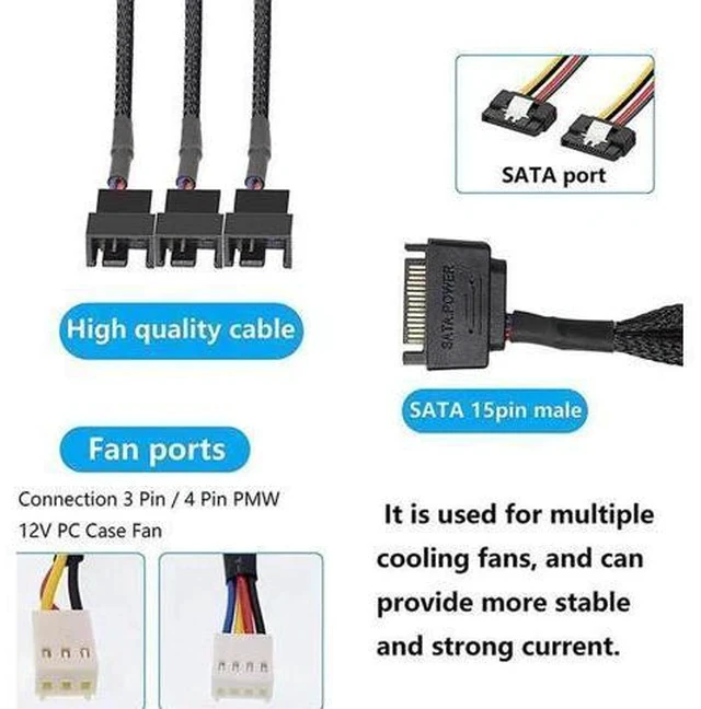 Alt view image 5 of 5 - SATA to 3 Pin 4 Pin Fan Sleeved Power Splitter Cable Adapter,15Pin SATA to 3 x TX3 / TX4 (PWM) 12V PC Case Fan Cooler Y Splitter Power Extension Cord - 10 Inch,Black