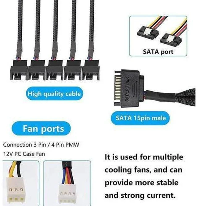 Alt view image 4 of 4 - SATA to 3 Pin 4 Pin Fan Sleeved Power Splitter Cable Adapter,15Pin SATA to 5 x TX3 / TX4 (PWM) 12V PC Case Fan Cooler Y Splitter Power Extension Cord - 10 Inch,Black
