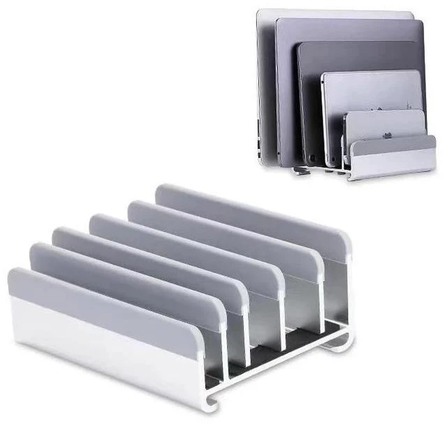 Main image of N17-7 Vertical Laptop Stand with 5 Slots, Aluminum Adjustable Width Notebook Holder for Multiple Devices, Space-Saving Desktop Organizer