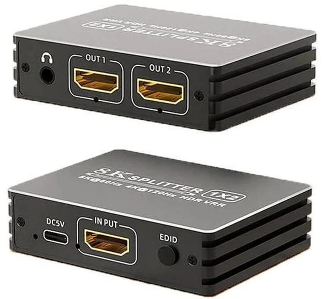 Main image of HDMI 2.1 1 in 2 Out Splitter 8K@60Hz 4K@120Hz 48Gbps Mirror Dual Monitor Splitter with 3.5mm Audio Extractor EDID HDCP2.3 Dolby Vision HDR10+ 3D for PS5 SkyQ Xbox NVIDIA AMD Switch