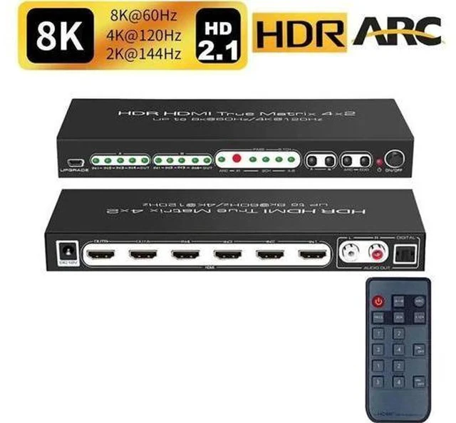 Alt view image 2 of 7 - 4x2 True HDMI 2.1 Matrix 4 in 2 Out 8K@60Hz 4K@120Hz with Audio Extractor, 48Gbps Bandwidth HDMI Matrix Switcher Splitter Supports ARC, HDR, HDCP 2.3, Independent Optical & Analog Audio Output