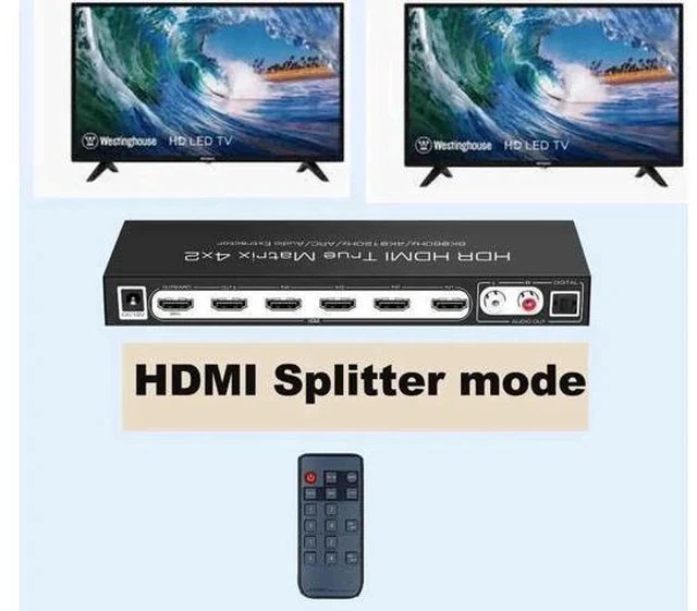 Alt view image 3 of 7 - 4x2 True HDMI 2.1 Matrix 4 in 2 Out 8K@60Hz 4K@120Hz with Audio Extractor, 48Gbps Bandwidth HDMI Matrix Switcher Splitter Supports ARC, HDR, HDCP 2.3, Independent Optical & Analog Audio Output