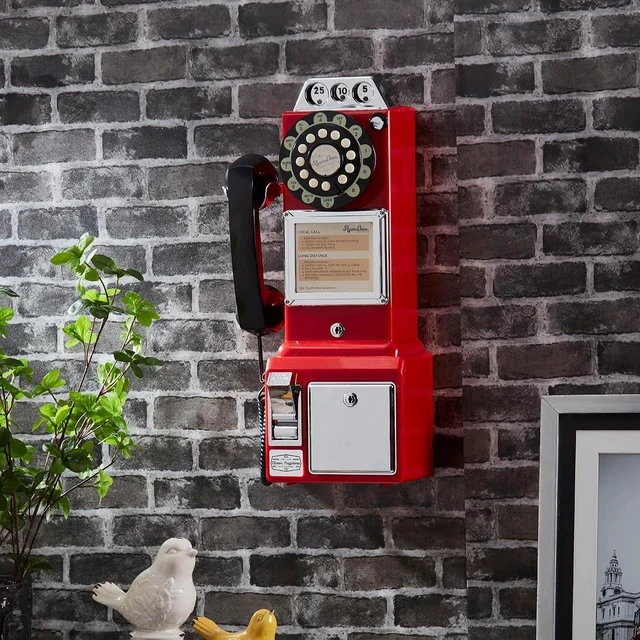 Alt view image 3 of 7 - American Retro 1950's Payphone with Coin Bank Wall-Mount Corded Phone (Red)