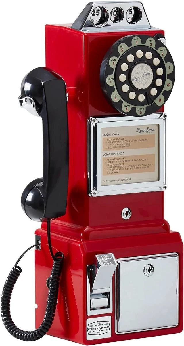 Main image of American Retro 1950's Payphone with Coin Bank Wall-Mount Corded Phone (Red)