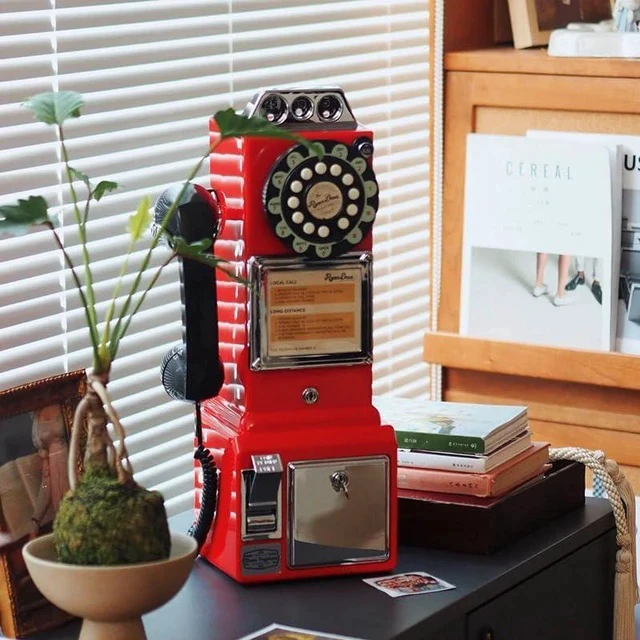Alt view image 2 of 7 - American Retro 1950's Payphone with Coin Bank Wall-Mount Corded Phone (Red)