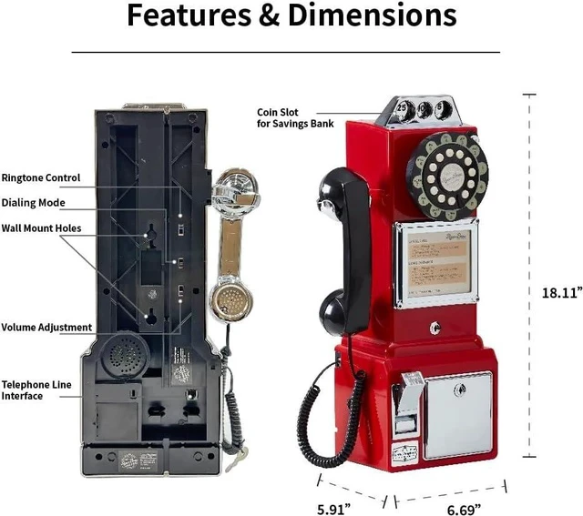 Alt view image 4 of 7 - American Retro 1950's Payphone with Coin Bank Wall-Mount Corded Phone (Red)