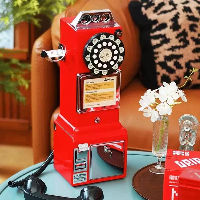 Alt view image 6 of 7 - American Retro 1950's Payphone with Coin Bank Wall-Mount Corded Phone (Red)