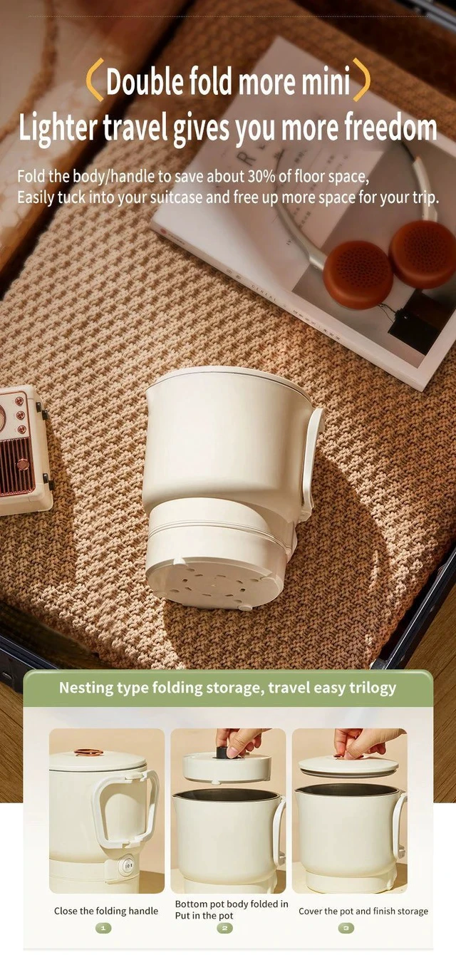 Alt view image 6 of 6 - Collapsible Travel Kettle Portable Electric Hot Water Boiler, Insulated, Stainless Steel, Mini 1-Cup Capacity, Foldable Handle for Travel