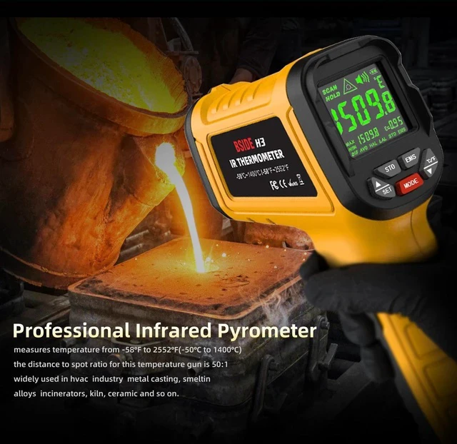 Alt view image 3 of 7 - H3 High-Temperature Infrared Thermometer -50°C to 1400°C, 50:1 Distance-to-Spot Ratio, Non-Contact Temperature Gun with Adjustable Emissivity