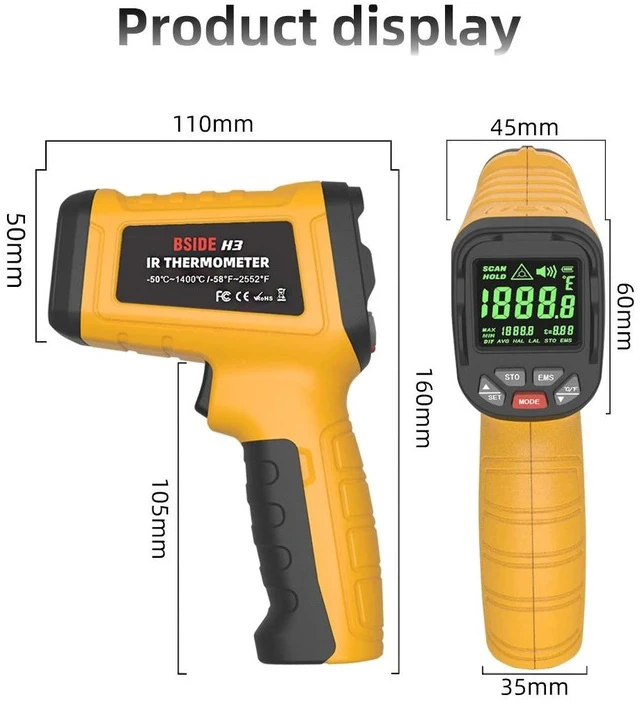 Alt view image 7 of 7 - H3 High-Temperature Infrared Thermometer -50°C to 1400°C, 50:1 Distance-to-Spot Ratio, Non-Contact Temperature Gun with Adjustable Emissivity