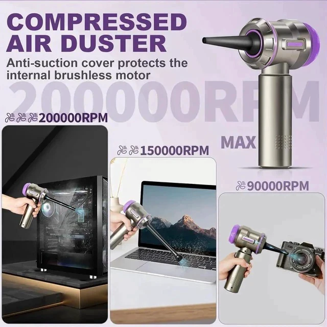 Alt view image 3 of 7 - Air Duster for PC, 200000RPM Compressed Air, Mini Vacuum 2-in-1, Runtime Up to 35 mins, Brushless Motor Electric Air Blower with 3 Gear and Rechargeable Battery - Canned Air-Keyboard Cleaner