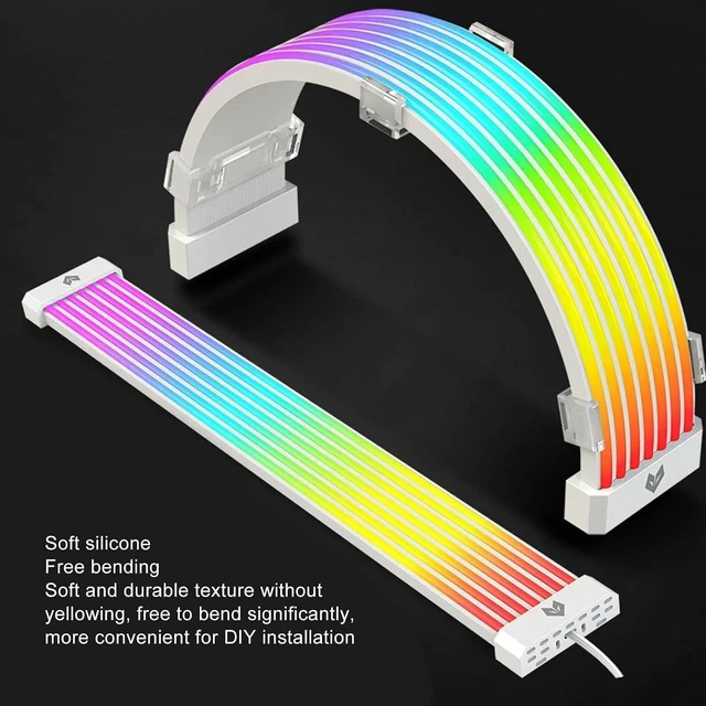 Alt view image 3 of 7 - RGB Power Extension Cable Kit - ARGB Motherboard Power Supply Cable, 24 Pin ATX Cable 5V 3Pin Synchronized PSU with LED Diffused Soft Silicone Tube