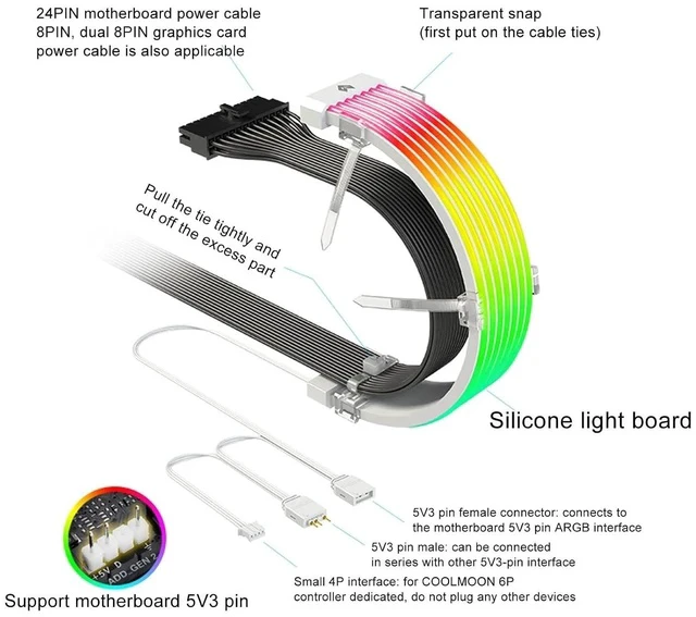 Alt view image 6 of 7 - RGB Power Extension Cable Kit - ARGB Motherboard Power Supply Cable, 24 Pin ATX Cable 5V 3Pin Synchronized PSU with LED Diffused Soft Silicone Tube