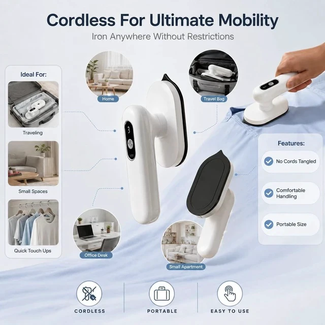Alt view image 2 of 7 - Cordless Travel Iron Portable Mini Iron, Foldable Rechargeable Dry Iron with 3 Temperature Settings 150°C Fast Heat Up for Clothes, Trips, Dorms and Small Spaces White