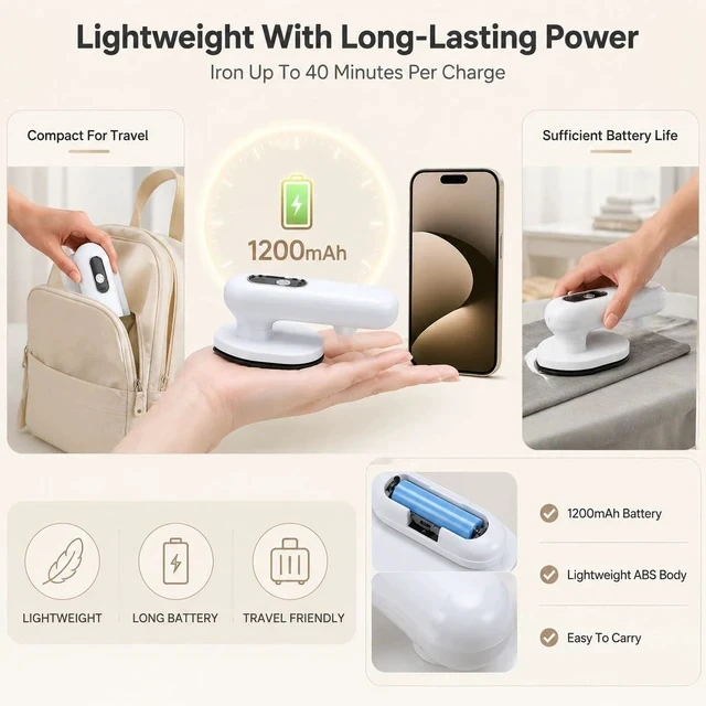 Alt view image 4 of 7 - Cordless Travel Iron Portable Mini Iron, Foldable Rechargeable Dry Iron with 3 Temperature Settings 150°C Fast Heat Up for Clothes, Trips, Dorms and Small Spaces White
