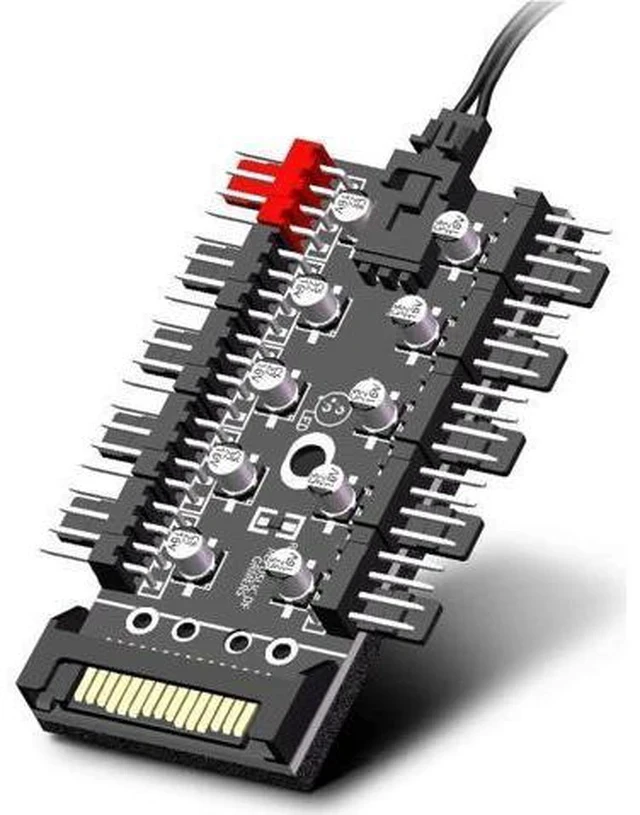 Alt view image 4 of 6 - 10 Ports 4-Pin PWM Fan Hub, SATA 15pin to Fan Power Splitter Adapter with Self-Adhesive Sticker, Compatible with 3/4 Pin Fans