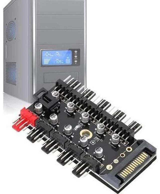 Alt view image 6 of 6 - 10 Ports 4-Pin PWM Fan Hub, SATA 15pin to Fan Power Splitter Adapter with Self-Adhesive Sticker, Compatible with 3/4 Pin Fans