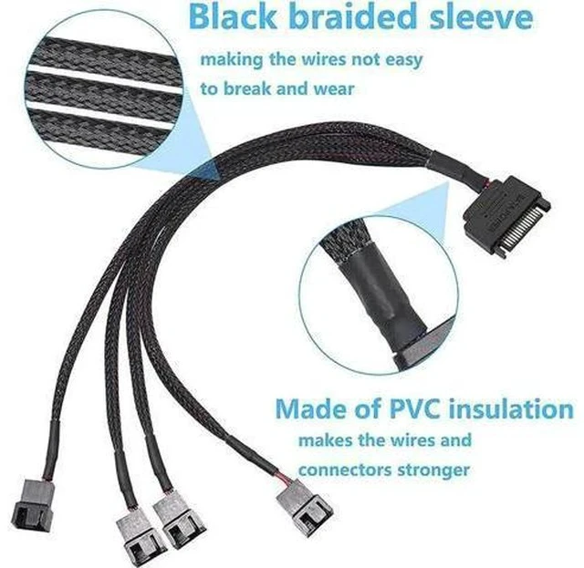 Alt view image 2 of 5 - ATA to 3 Pin 4 Pin Fan Sleeved Power Splitter Cable Adapter,15Pin SATA to 4 x TX3 / TX4 (PWM) 12V PC Case Fan Cooler Y Splitter Power Extension Cord - 10 Inch,Black