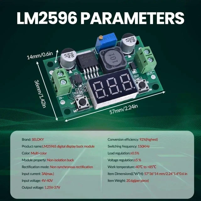 Alt view image 5 of 7 - LM2596 DC-DC Buck Converter Voltage Regulator Adjustable 4.0-40V to 1.25-37V 2A Power Supply Module with LED Voltmeter Display