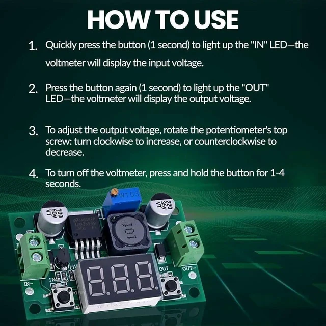 Alt view image 7 of 7 - LM2596 DC-DC Buck Converter Voltage Regulator Adjustable 4.0-40V to 1.25-37V 2A Power Supply Module with LED Voltmeter Display