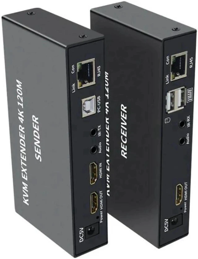 Alt view image 2 of 3 - 4K HDTV 120M KVM Extender HDMI-Compatible USB-A Keyboard Mouse 3.5mm AUX Aluminium Alloy Over CAT6 RJ45 Lan Ethernet Extender(With US Plug)